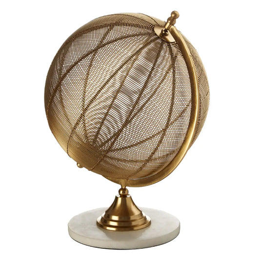 Melora Large Metal Globe Sculpture In Gold With White Marble Base