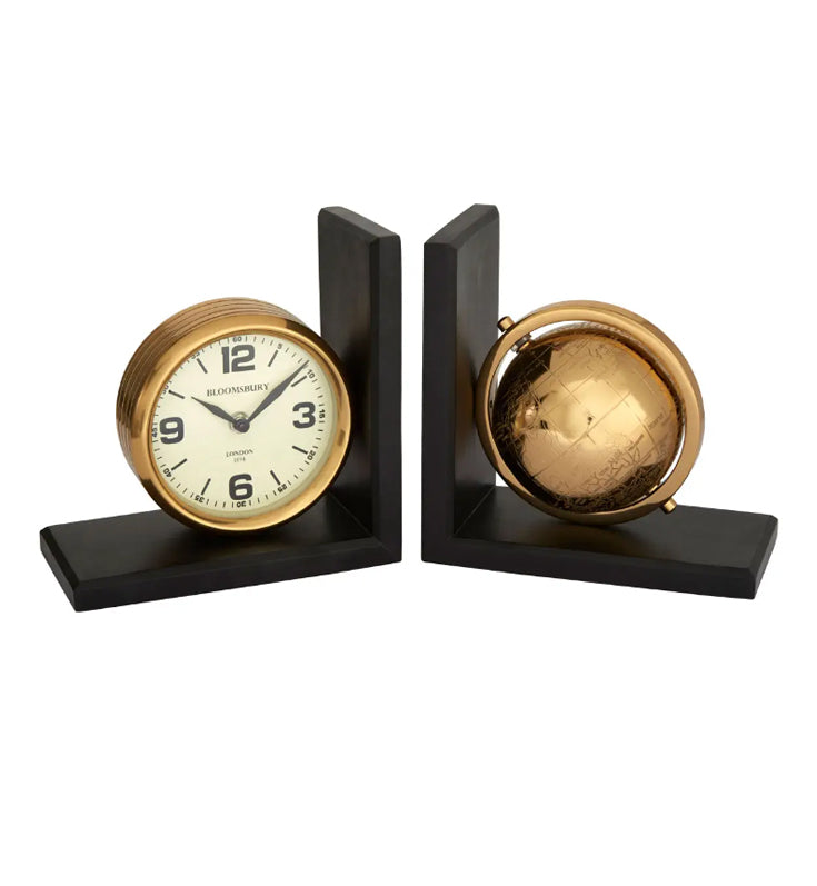 Churchill Mango Wood And Metal Set Of 2 Globe Clock Bookends