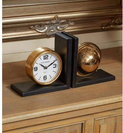 Churchill Mango Wood And Metal Set Of 2 Globe Clock Bookends