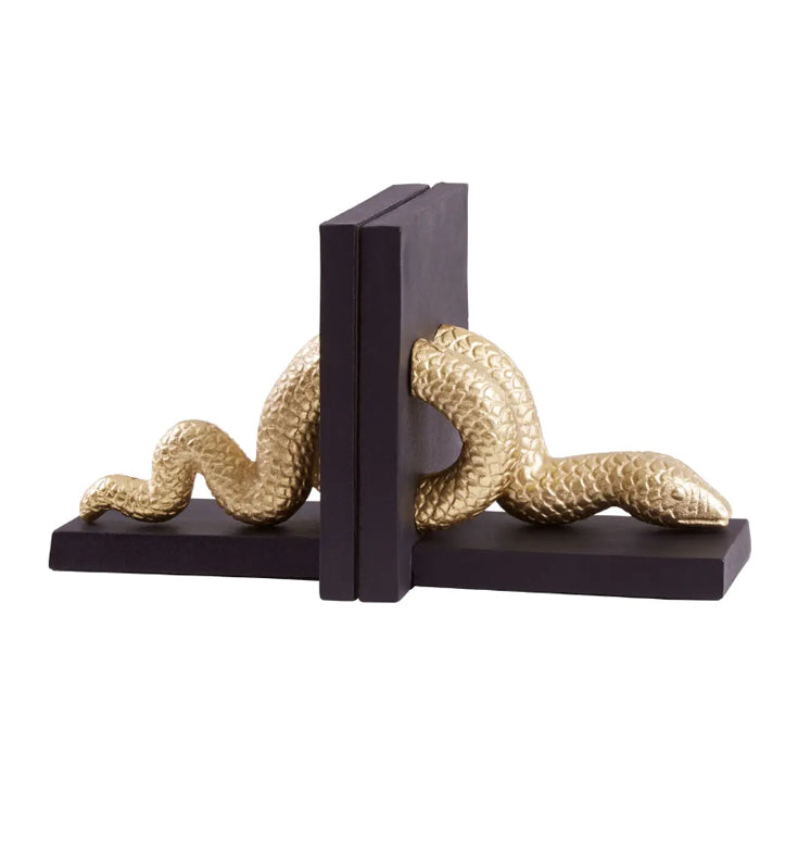 Serpent Wooden And Metal Set Of 2 Bookends In Warm Metallic