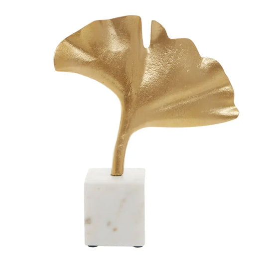 Mirano Metal Ginkgo Sculpture In Gold With White Marble Base
