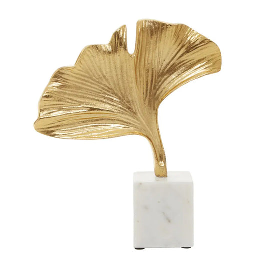 Mirano Metal Ginkgo Sculpture In Gold With White Marble Base