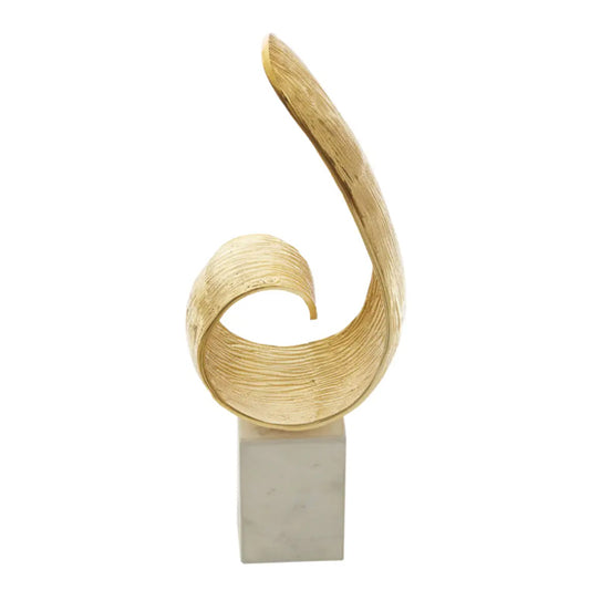 Mirano Aluminium Curl Sculpture In Gold With White Marble Base