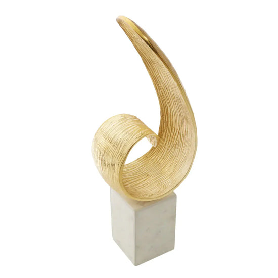 Mirano Aluminium Curl Sculpture In Gold With White Marble Base