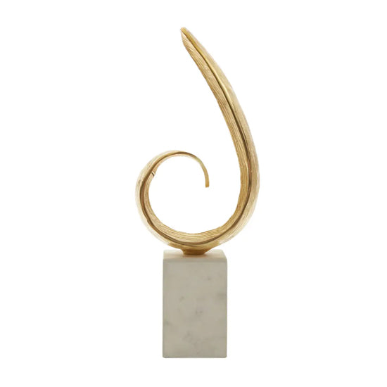 Mirano Aluminium Curl Sculpture In Gold With White Marble Base
