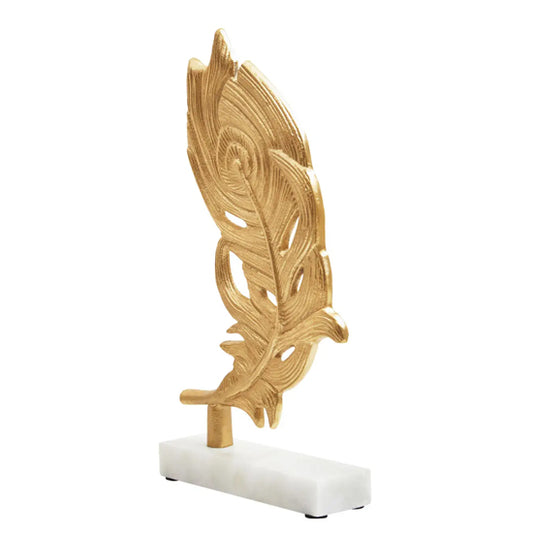 Evra Peacock Feather Sculpture In Gold On White Marble Base