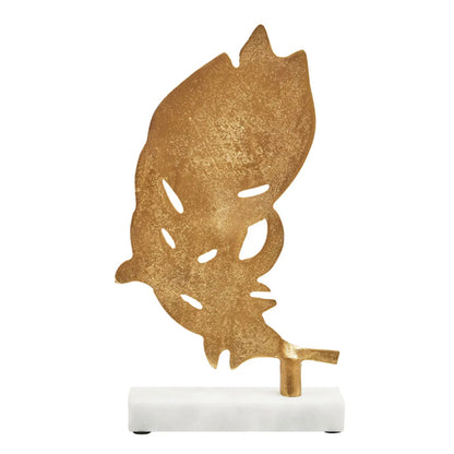 Evra Peacock Feather Sculpture In Gold On White Marble Base