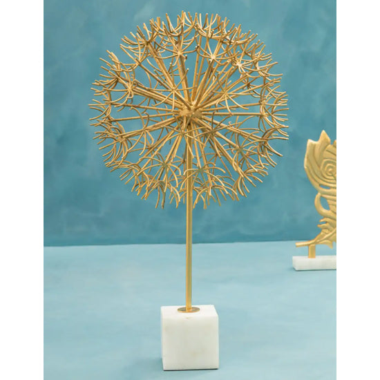 Evra Metal Dandelion Sculpture In Gold With White Marble Base