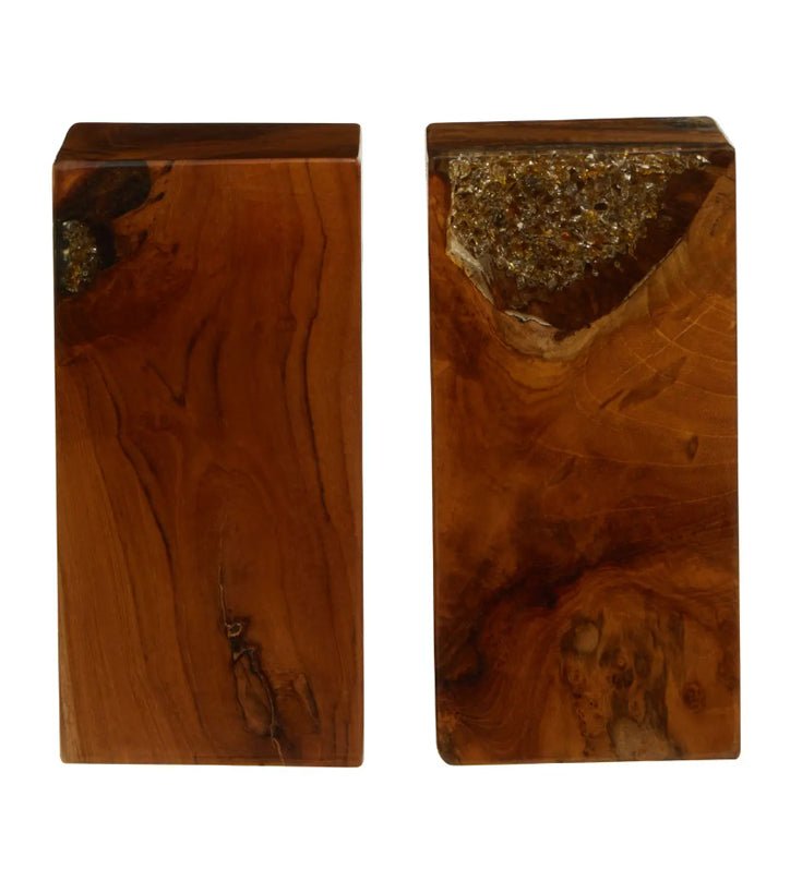 Sakra Teak Wood Set Of 2 Bookends In Dark Brown