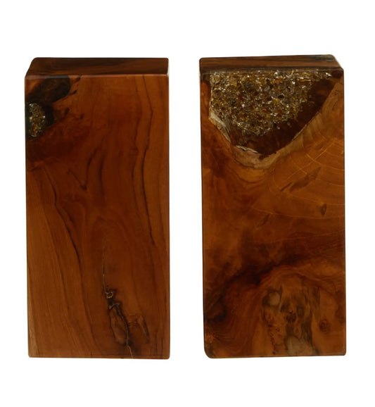Sakra Teak Wood Set Of 2 Bookends In Dark Brown