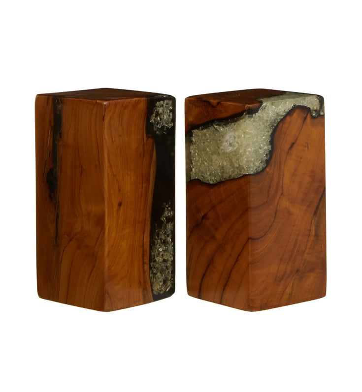 Sakra Teak Wood Set Of 2 Bookends In Burnt Effect