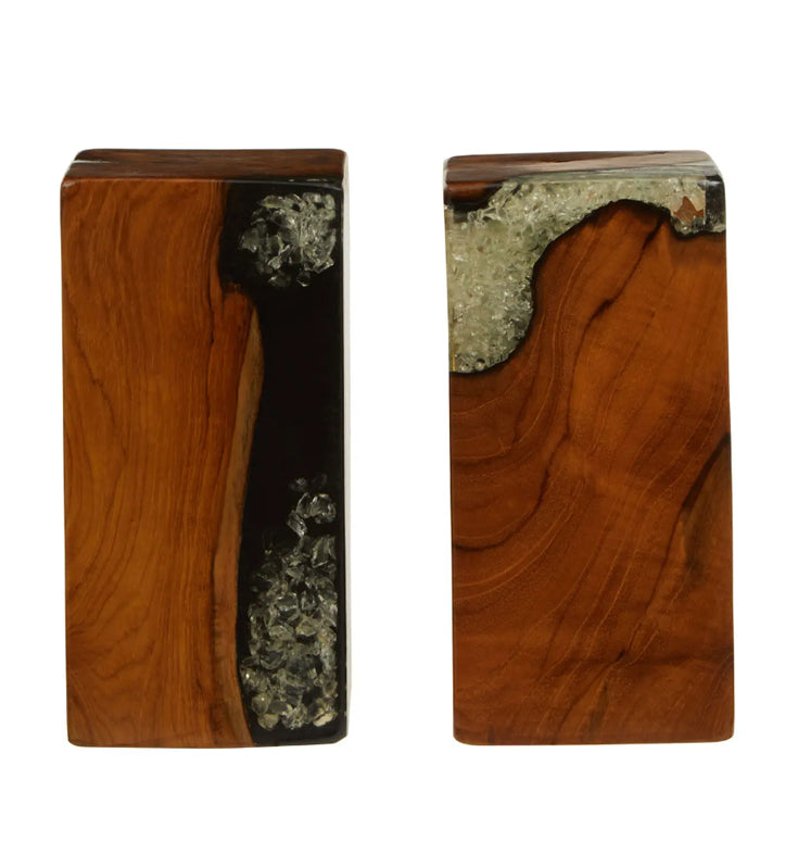 Sakra Teak Wood Set Of 2 Bookends In Burnt Effect