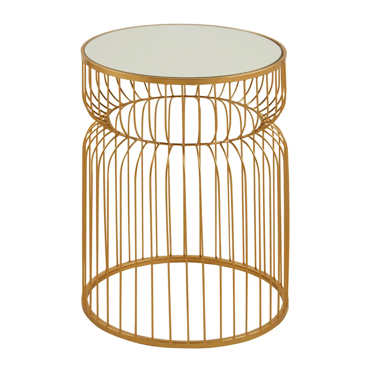 Avantis Round Mirrored Side Table With Gold Metal Wireframe