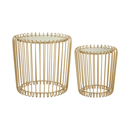 Avantis Mirrored Glass Set Of 2 Side Tables With Champagne Wireframe