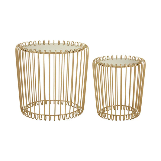 Avantis Mirrored Glass Set Of 2 Side Tables With Champagne Wireframe