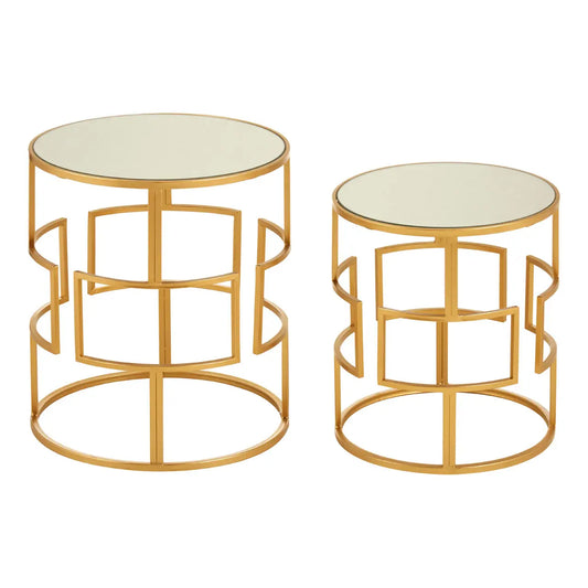 Avantis Round Mirrored Top Set Of 2 Side Tables With Gold Metal Frame