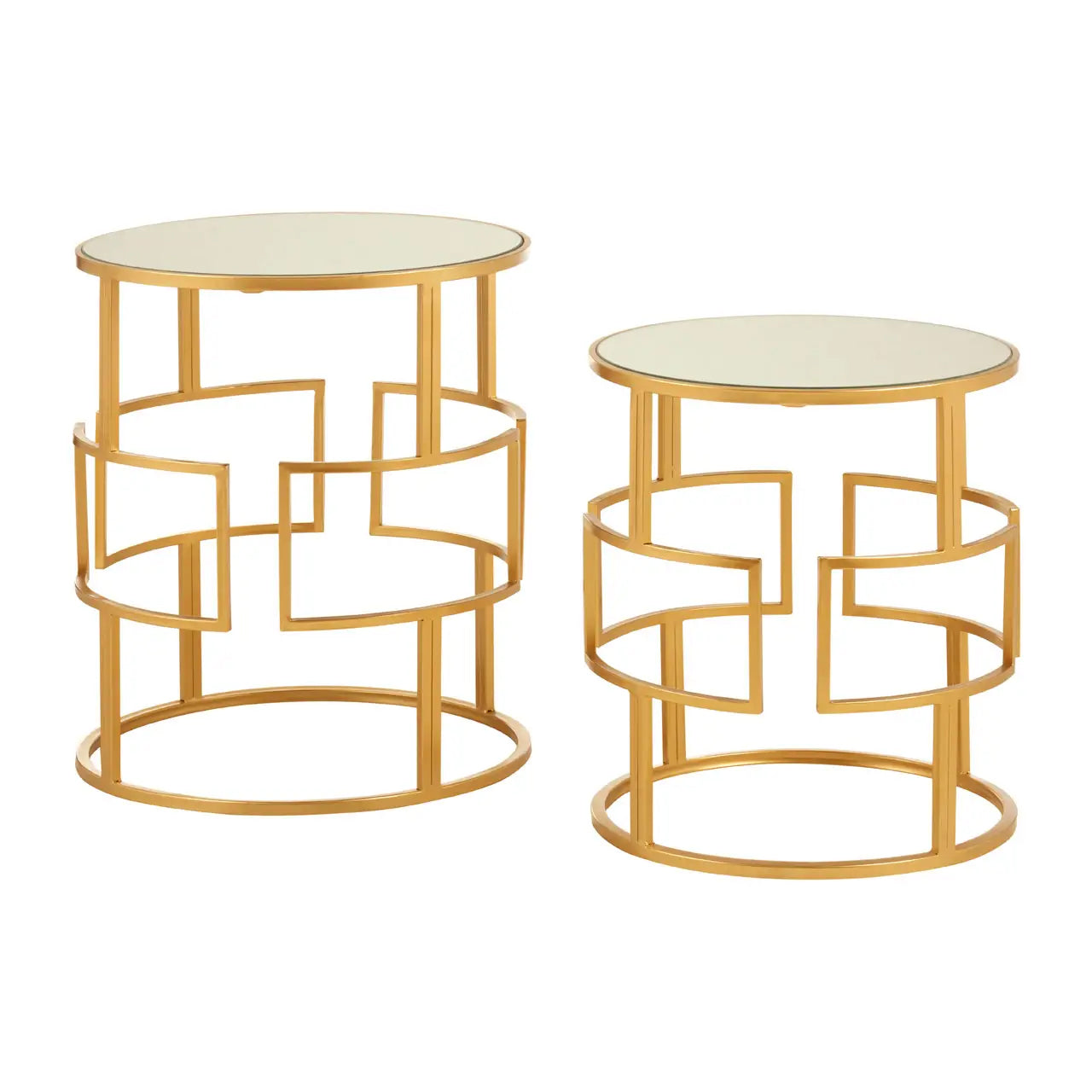 Avantis Round Mirrored Top Set Of 2 Side Tables With Gold Metal Frame