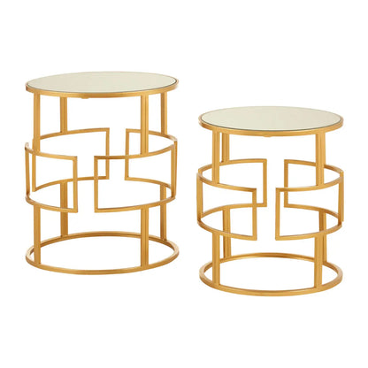 Avantis Round Mirrored Top Set Of 2 Side Tables With Gold Metal Frame