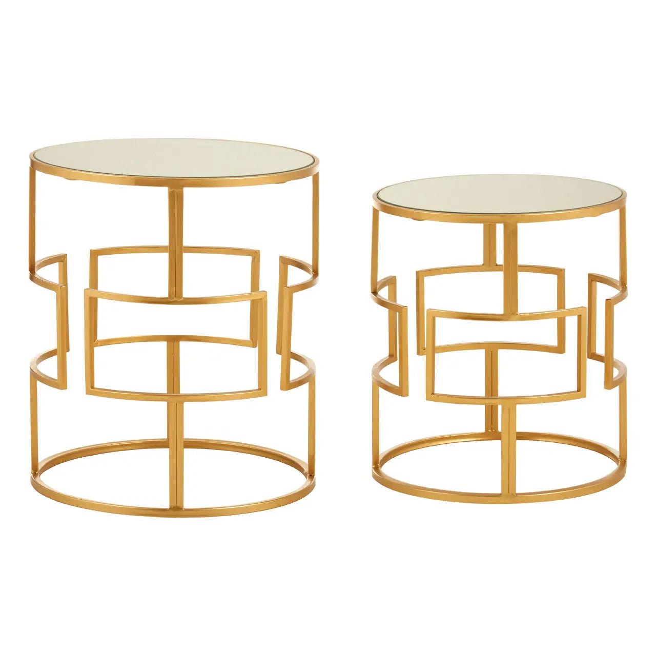 Avantis Round Mirrored Top Set Of 2 Side Tables With Gold Metal Frame