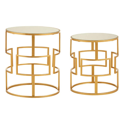 Avantis Round Mirrored Top Set Of 2 Side Tables With Gold Metal Frame