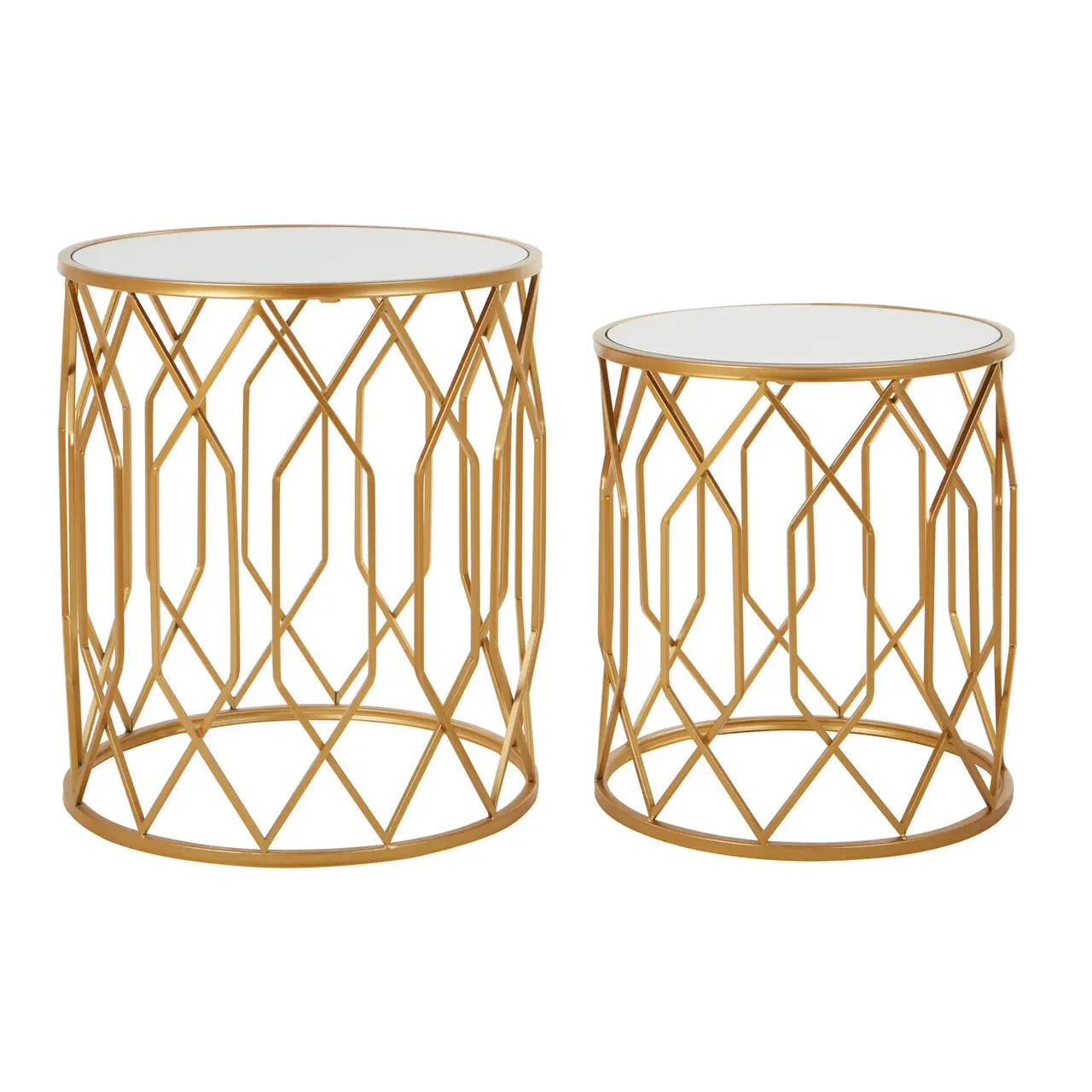 Avantis Round Mirrored Glass Set Of 2 Side Tables With Gold Frame