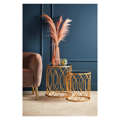 Avantis Round Mirrored Glass Set Of 2 Side Tables With Gold Frame