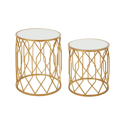 Avantis Round Mirrored Glass Set Of 2 Side Tables With Gold Frame