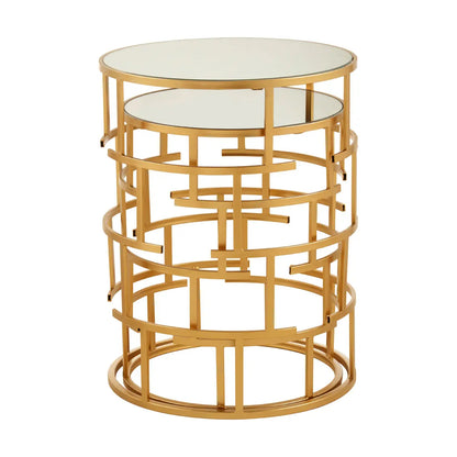 Avantis Mirrored Glass Set Of 2 Side Tables With Maze Design Frame