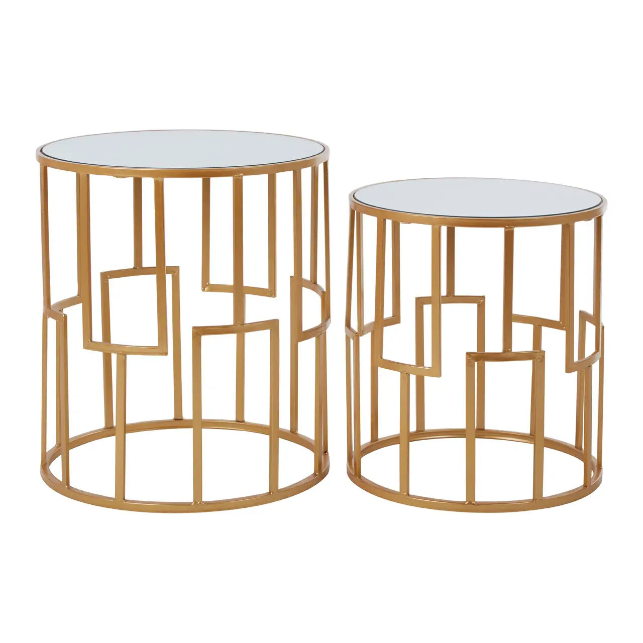 Avantis Round Mirrored Glass Set Of 2 Side Tables With Gold Metal Frame