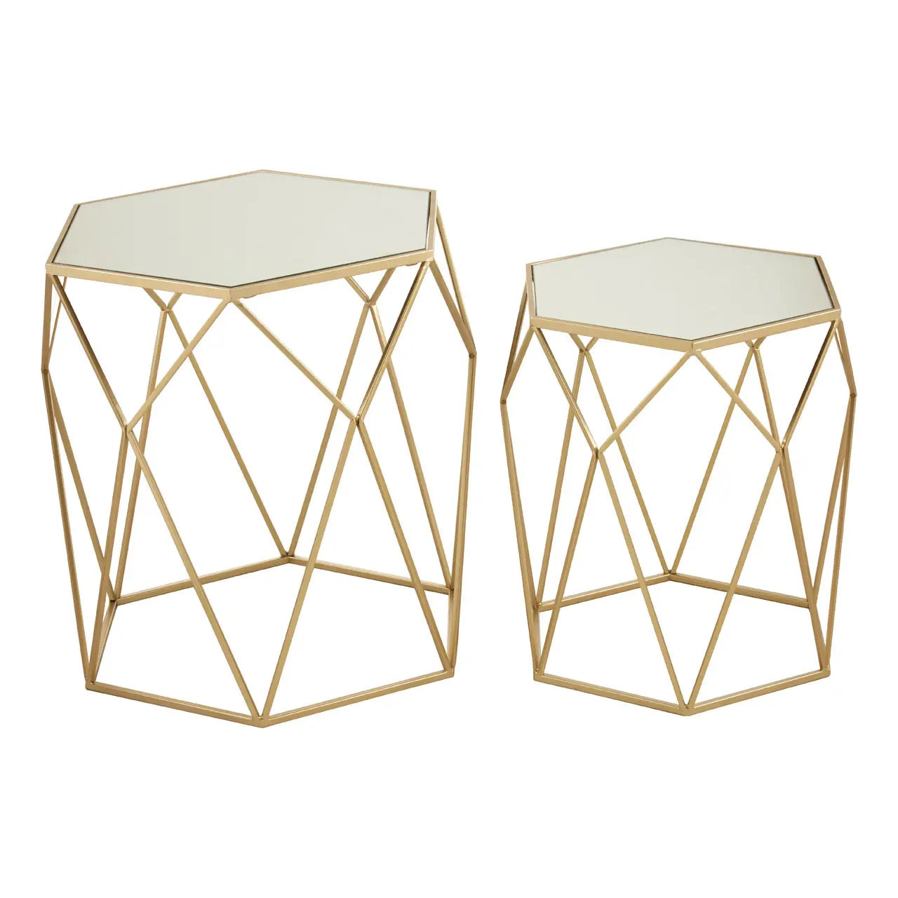 Avantis Mirrored Glass Set Of 2 Side Tables With Hexagonal Frame