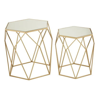 Avantis Mirrored Glass Set Of 2 Side Tables With Hexagonal Frame