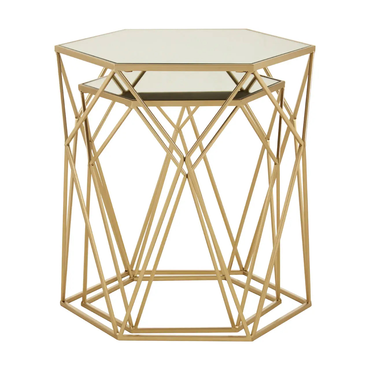 Avantis Mirrored Glass Set Of 2 Side Tables With Hexagonal Frame