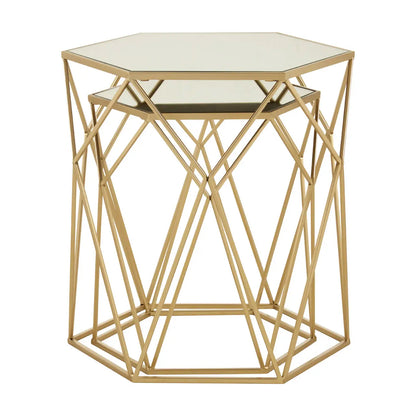 Avantis Mirrored Glass Set Of 2 Side Tables With Hexagonal Frame