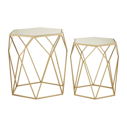 Avantis Mirrored Glass Set Of 2 Side Tables With Hexagonal Frame