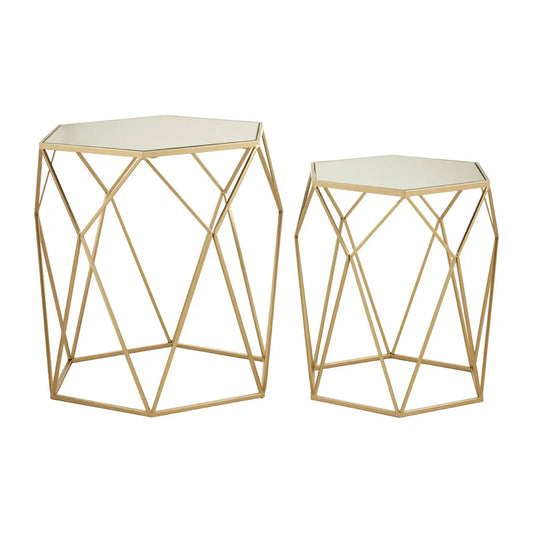 Avantis Mirrored Glass Set Of 2 Side Tables With Hexagonal Frame