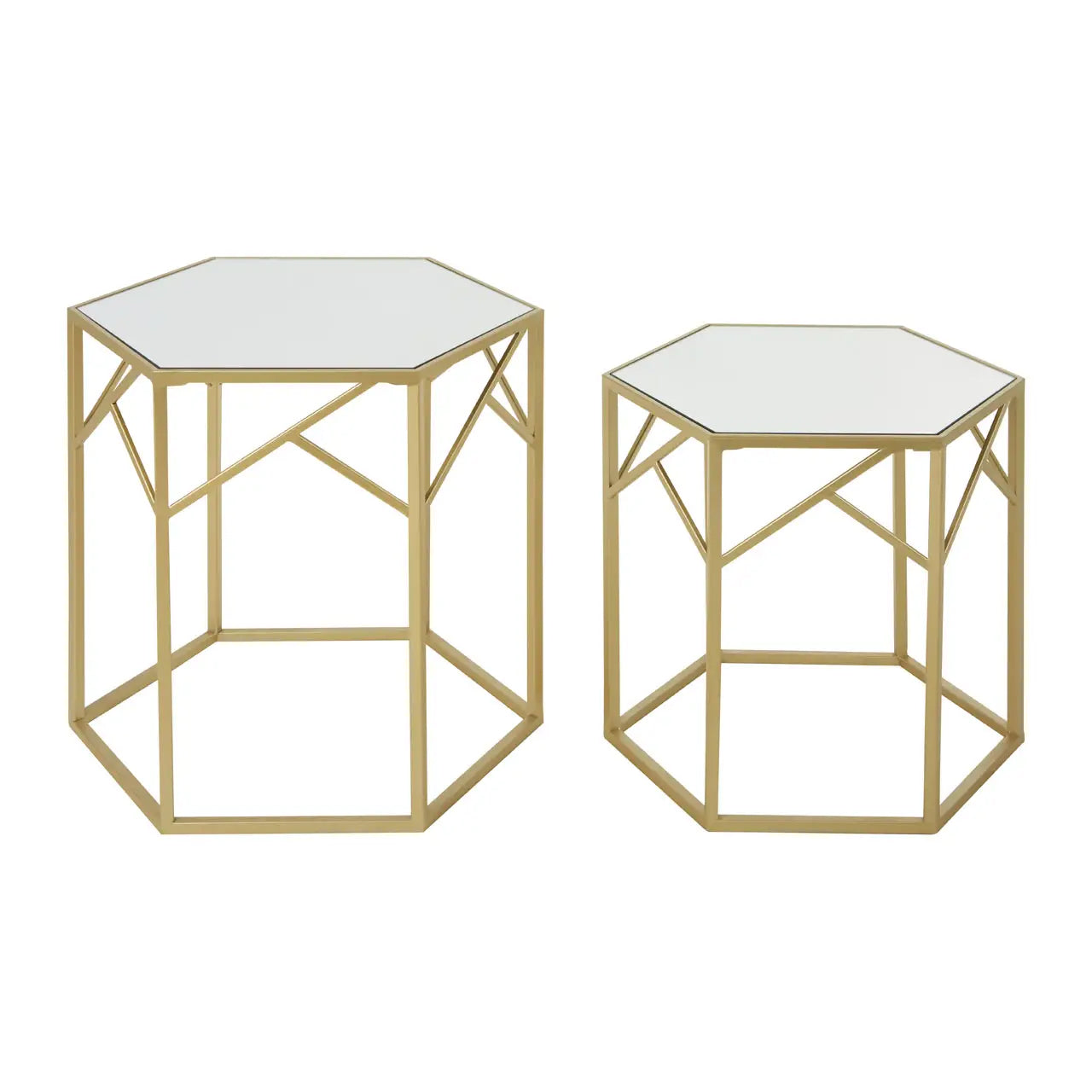 Avantis Hexagonal Mirrored Set Of 2 Side Tables With Gold Frame