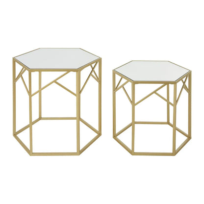 Avantis Hexagonal Mirrored Set Of 2 Side Tables With Gold Frame