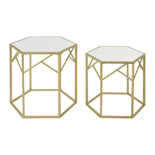 Avantis Hexagonal Mirrored Set Of 2 Side Tables With Gold Frame