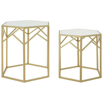 Avantis Hexagonal Mirrored Set Of 2 Side Tables With Gold Frame