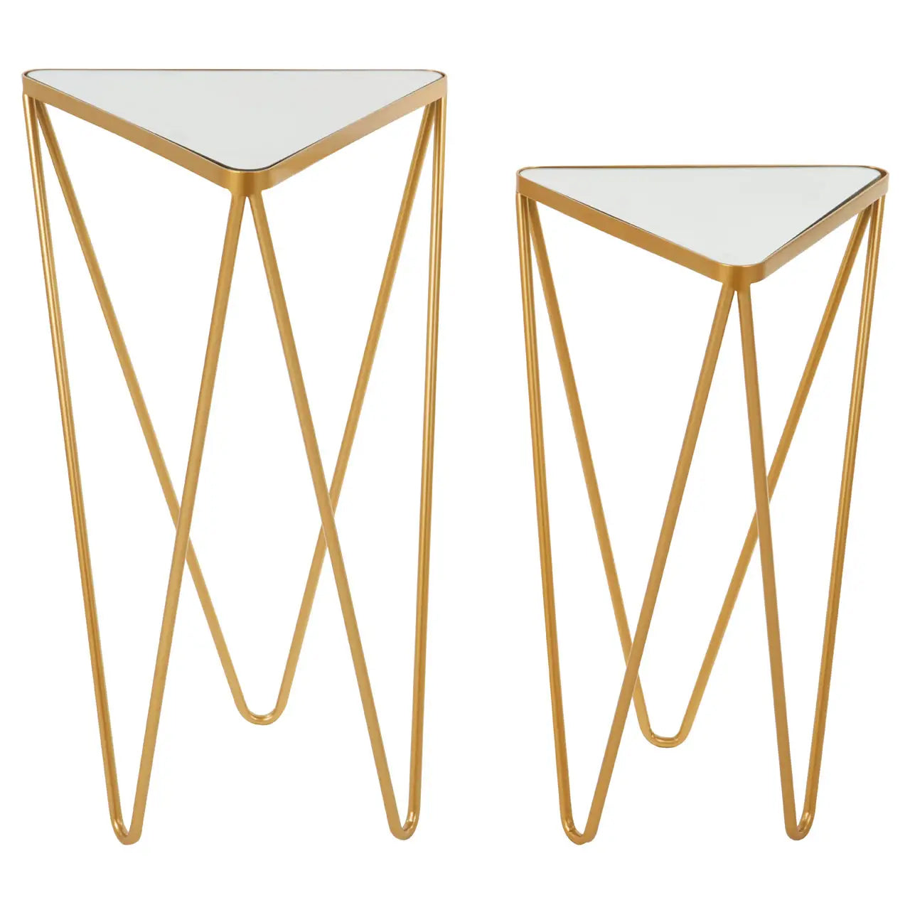 Avantis Mirrored Glass Set Of 2 Side Tables With Gold Triangle Frame