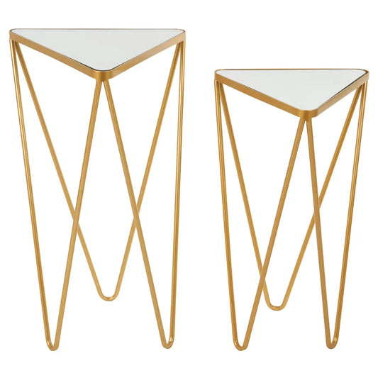 Avantis Mirrored Glass Set Of 2 Side Tables With Gold Triangle Frame