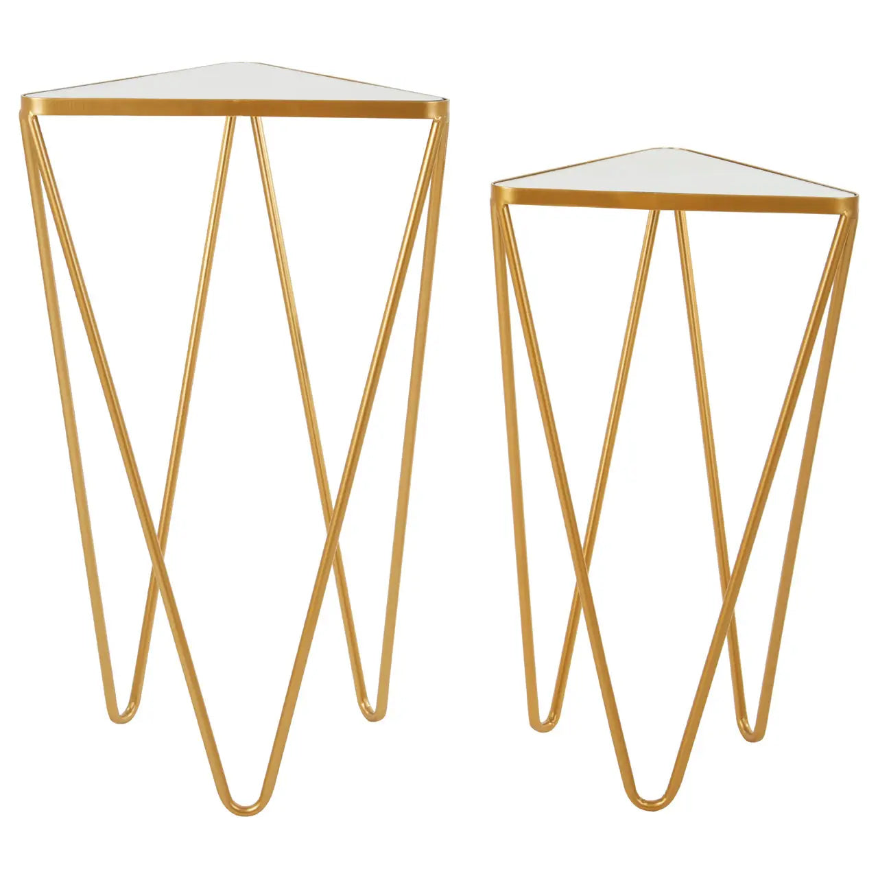 Avantis Mirrored Glass Set Of 2 Side Tables With Gold Triangle Frame