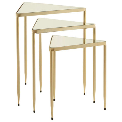 Avantis Triangle Mirrored Glass Set of 3 Nesting Tables With Champagne Frame
