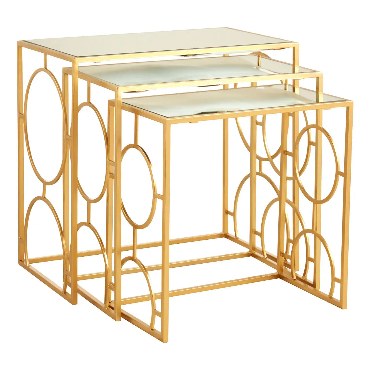 Avantis Mirrored Glass Set Of 3 Nesting Side Tables With Gold Frame