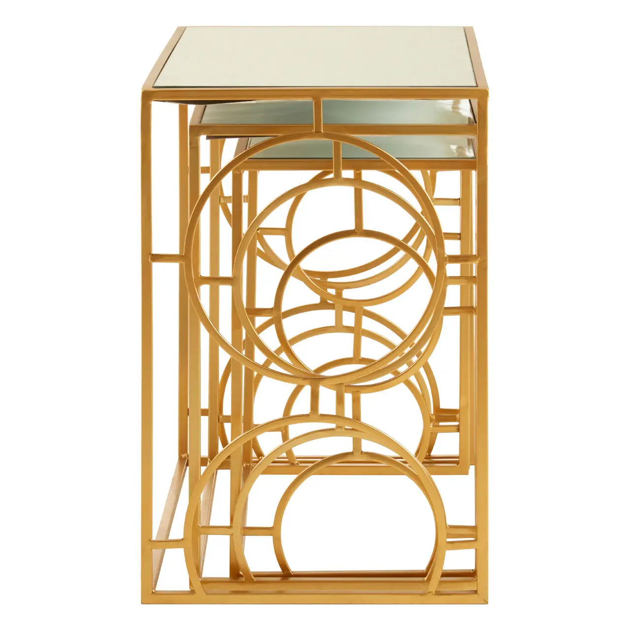 Avantis Mirrored Glass Set Of 3 Nesting Side Tables With Gold Frame