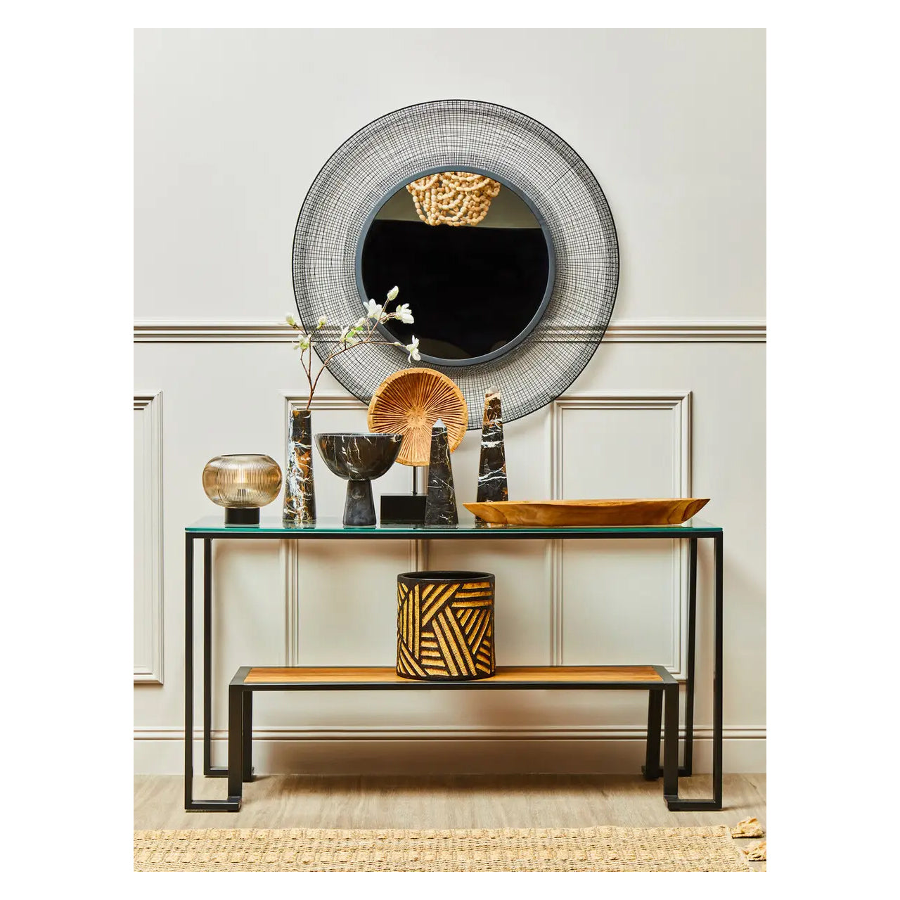 Cibo Glass Roman Console Table With Black Metal Frame