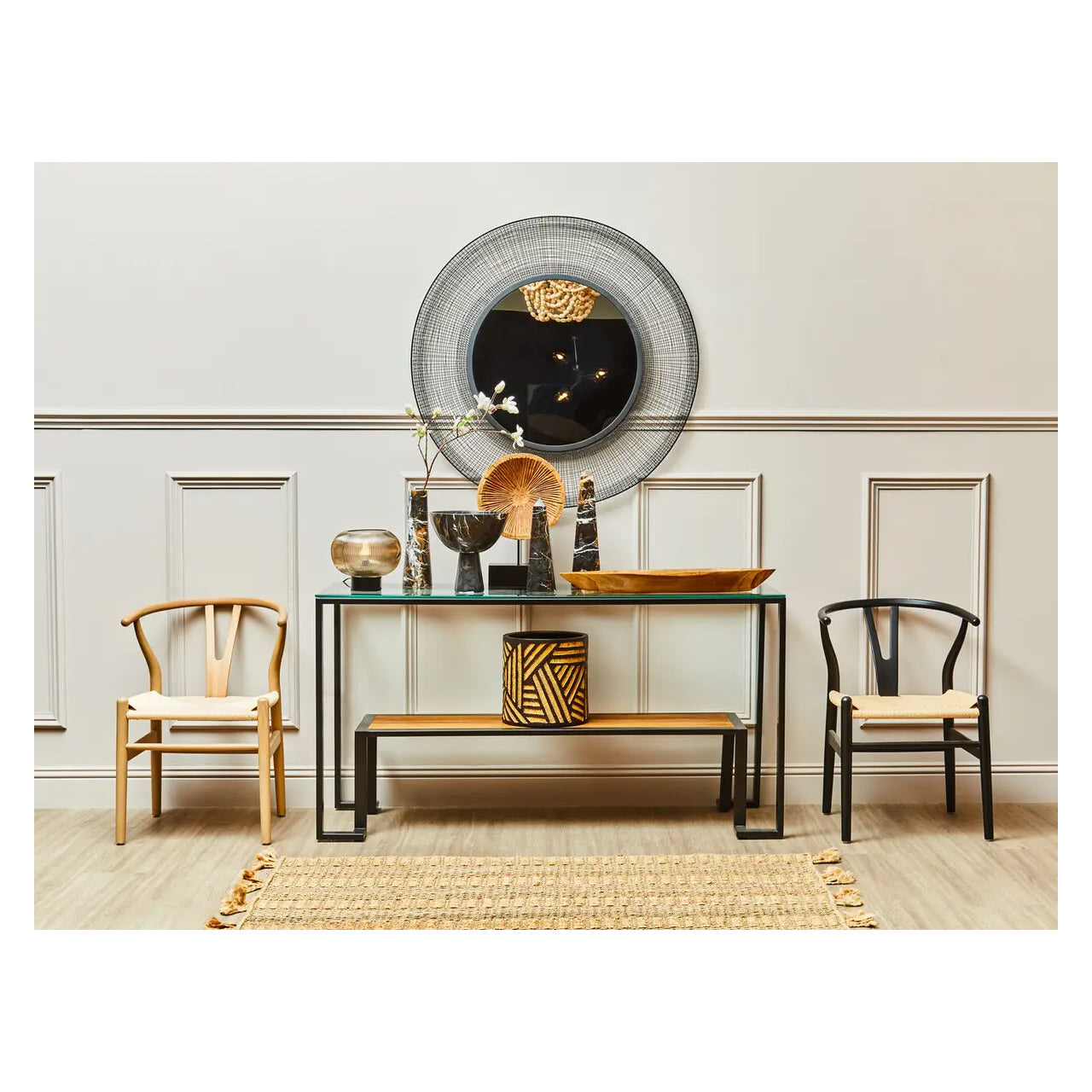 Cibo Glass Roman Console Table With Black Metal Frame