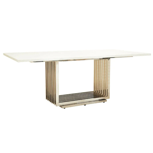 Moda Marble Dining Table In White With Silver Stainless Steel Base