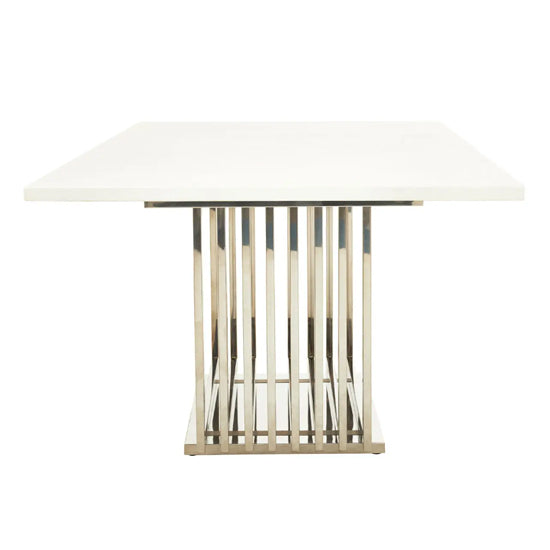 Moda Marble Dining Table In White With Silver Stainless Steel Base
