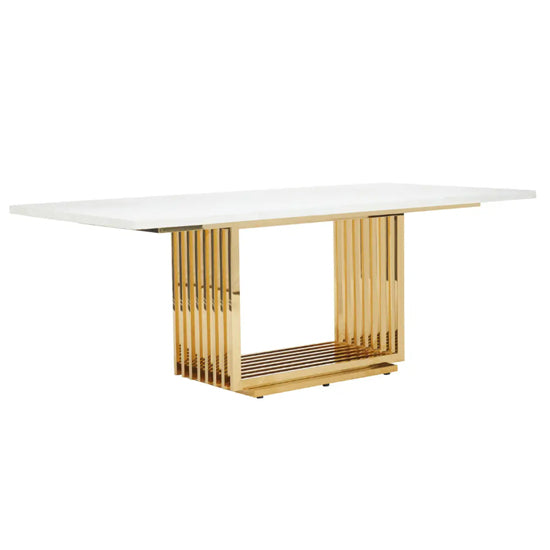 Moda Marble Dining Table In Ivory White With Gold Stainless Steel Base